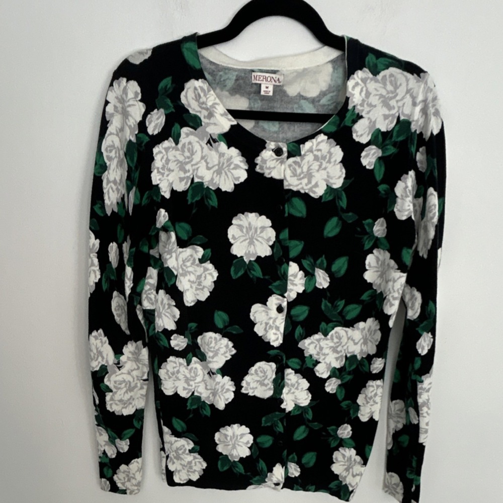 Merona Women's Floral Knit Button Front Cardigan Sweater Black White Green M